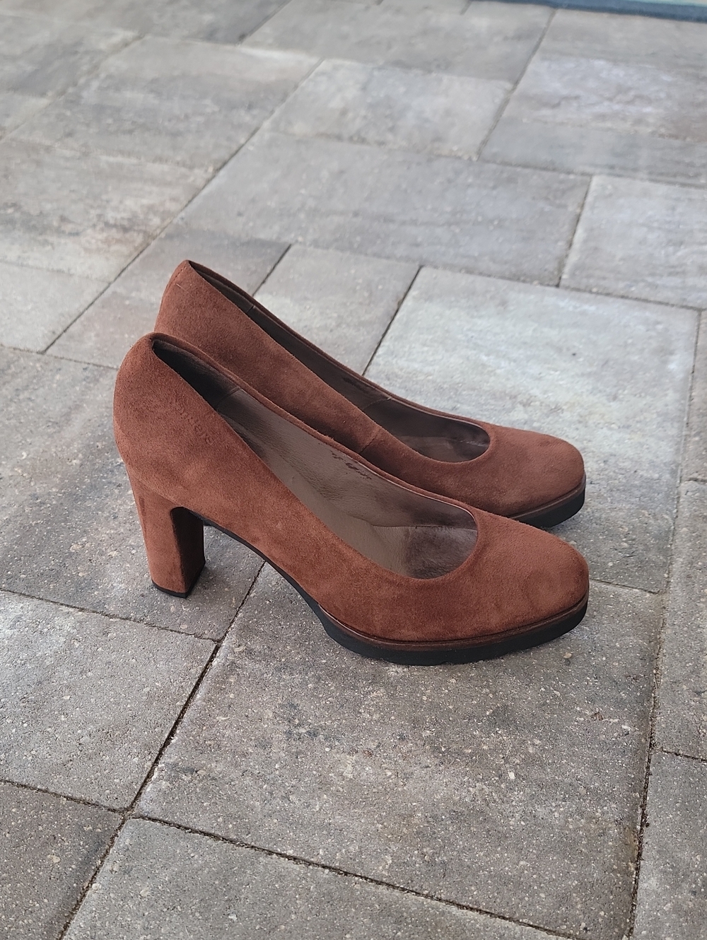 Wonders Brown Suede Block Heel Platform Pumps Memory Gel Cushioned Insoles Sz 39